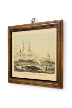 English Victorian Lithograph of Group of Boats Capturing a Whale
