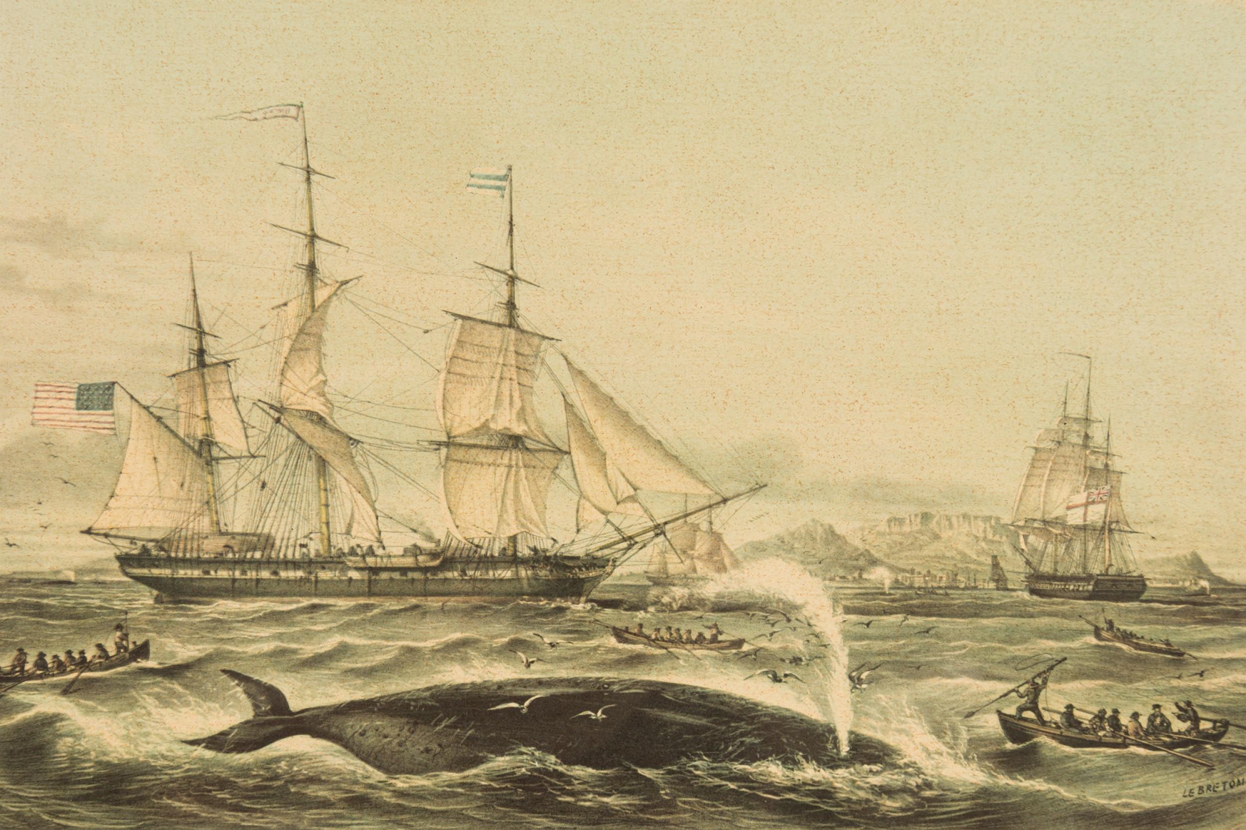 Britannique English Victorian Lithograph of Group of Boats Capturing a Whale en vente