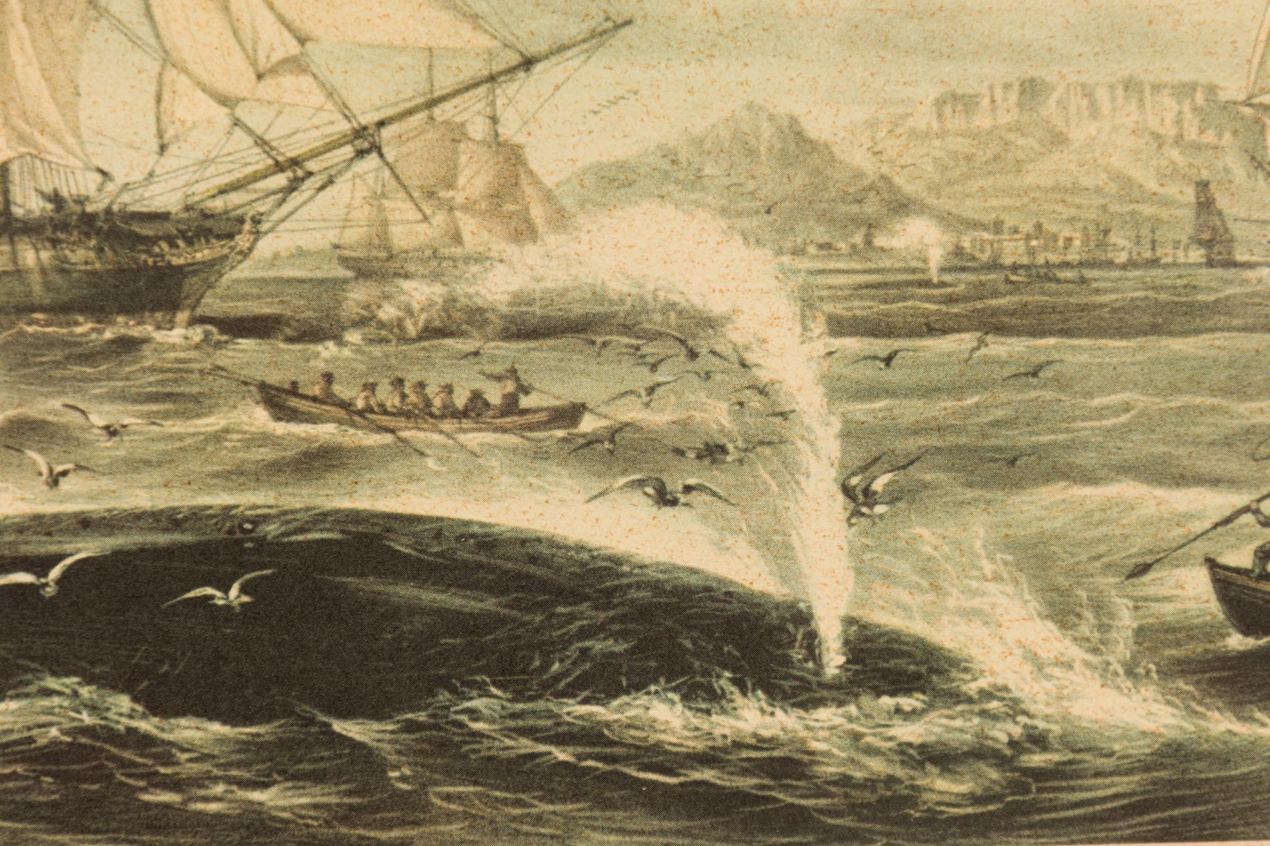 XIXe siècle English Victorian Lithograph of Group of Boats Capturing a Whale en vente