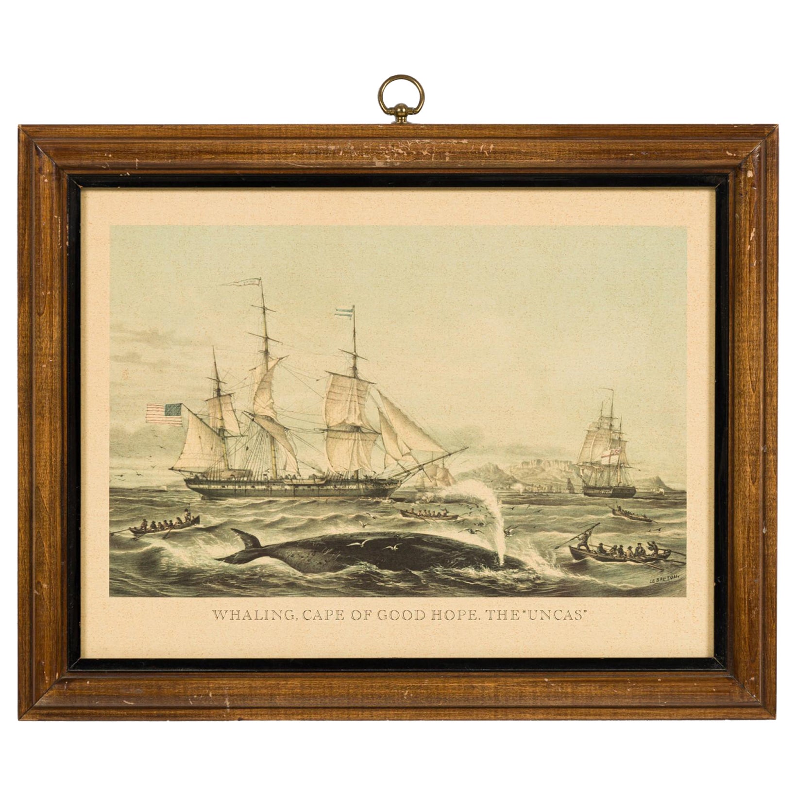English Victorian Lithograph of Group of Boats Capturing a Whale
