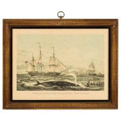 English Victorian Lithograph of Group of Boats Capturing a Whale