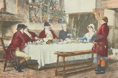 English Victorian Lithograph of Hunters and Others Gathering for a Meal