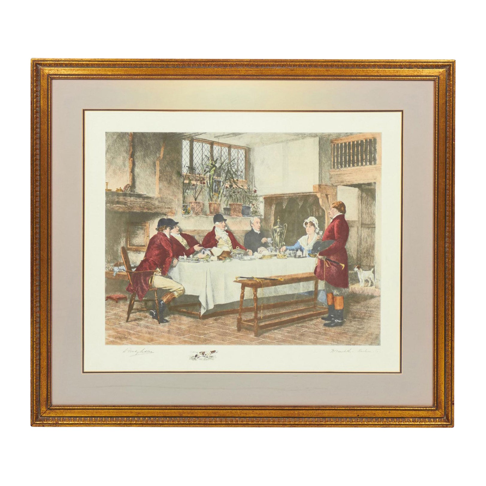 English Victorian Lithograph of Hunters and Others Gathering for a Meal For Sale