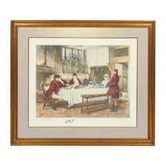 English Victorian Lithograph of Hunters and Others Gathering for a Meal