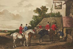 English Victorian Lithograph of Men Returning to Town on Horses after a Hunt