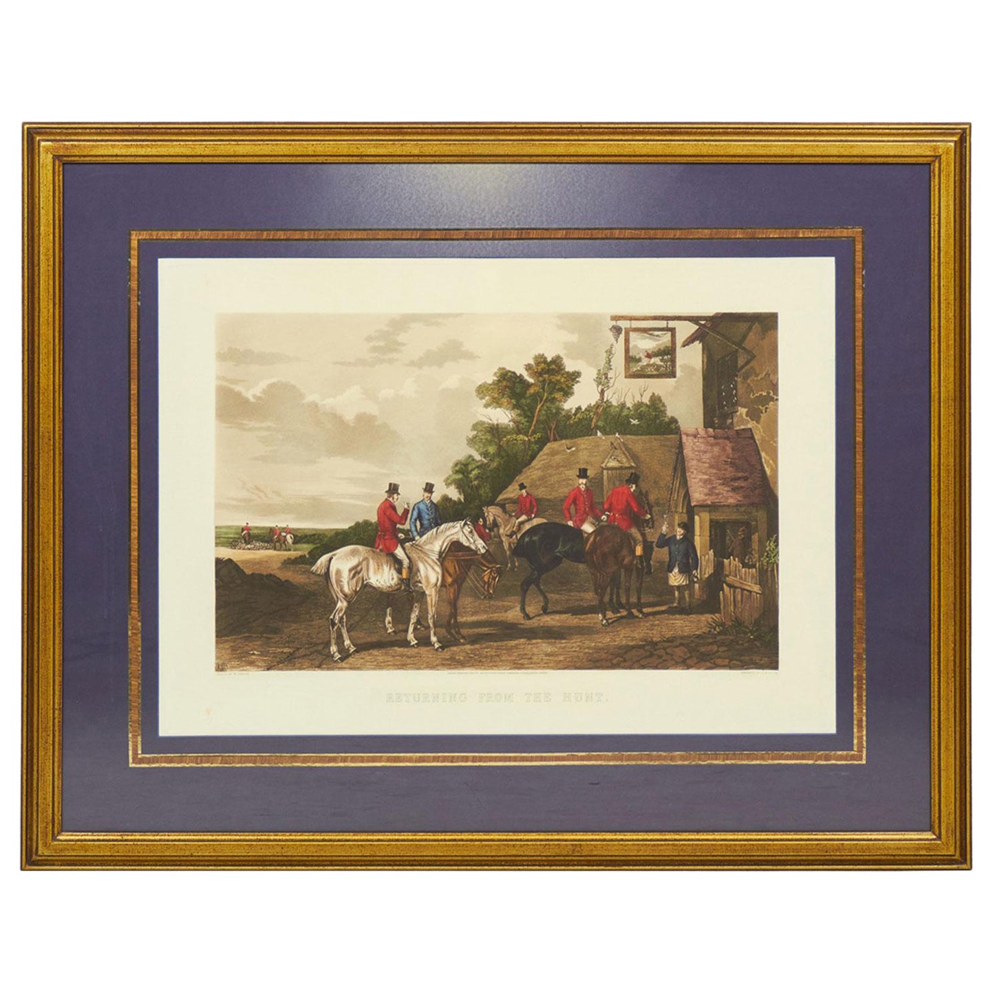 English Victorian Lithograph of Men Returning to Town on Horses after a Hunt