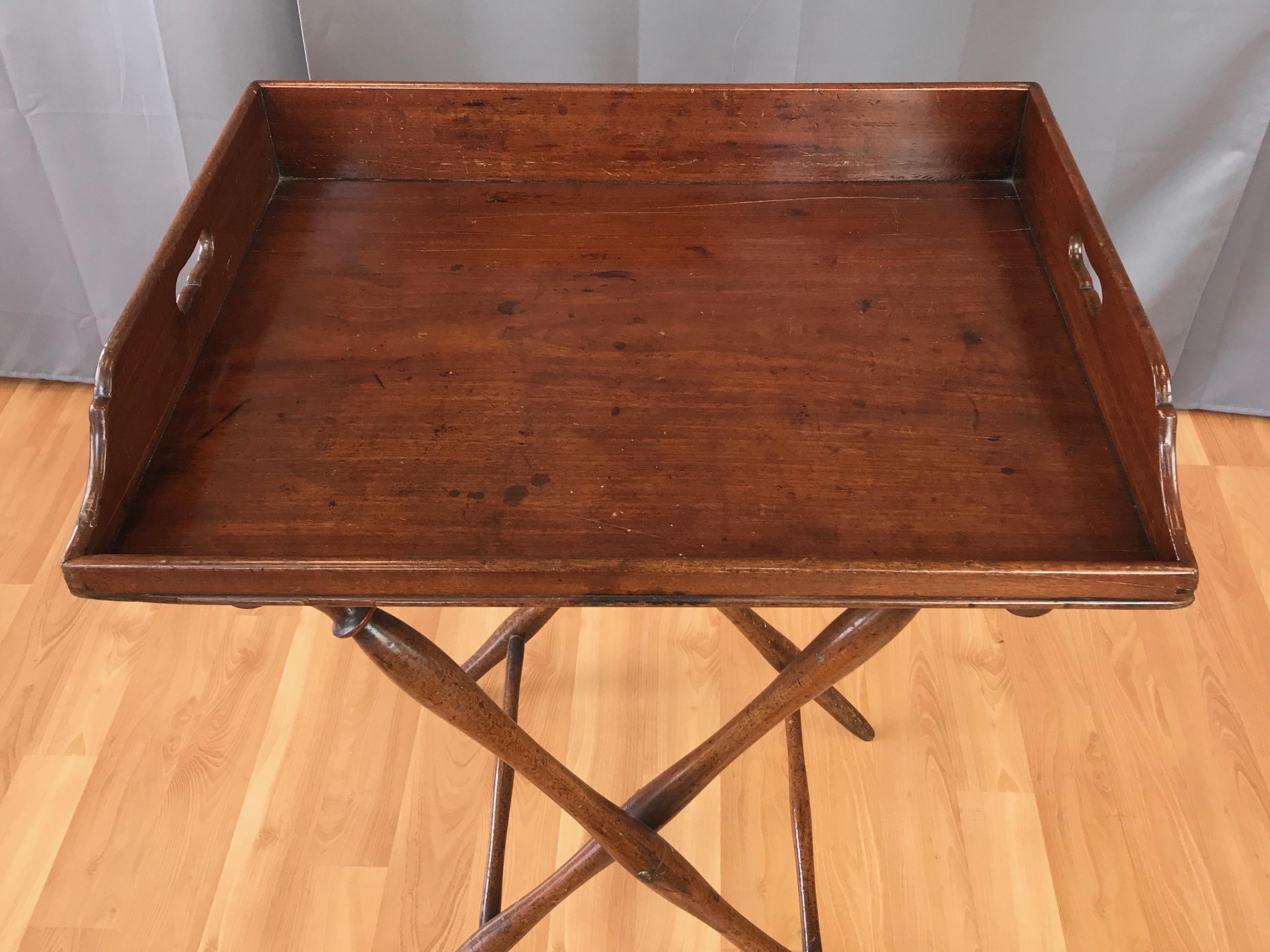 Burlap English Victorian Mahogany Butler’s Tray Table with Folding Base