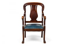 English Victorian Mahogany Claw Foot Splat Back Blue Vinyl Seat Armchair