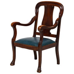 English Victorian Mahogany Claw Foot Splat Back Blue Vinyl Seat Armchair