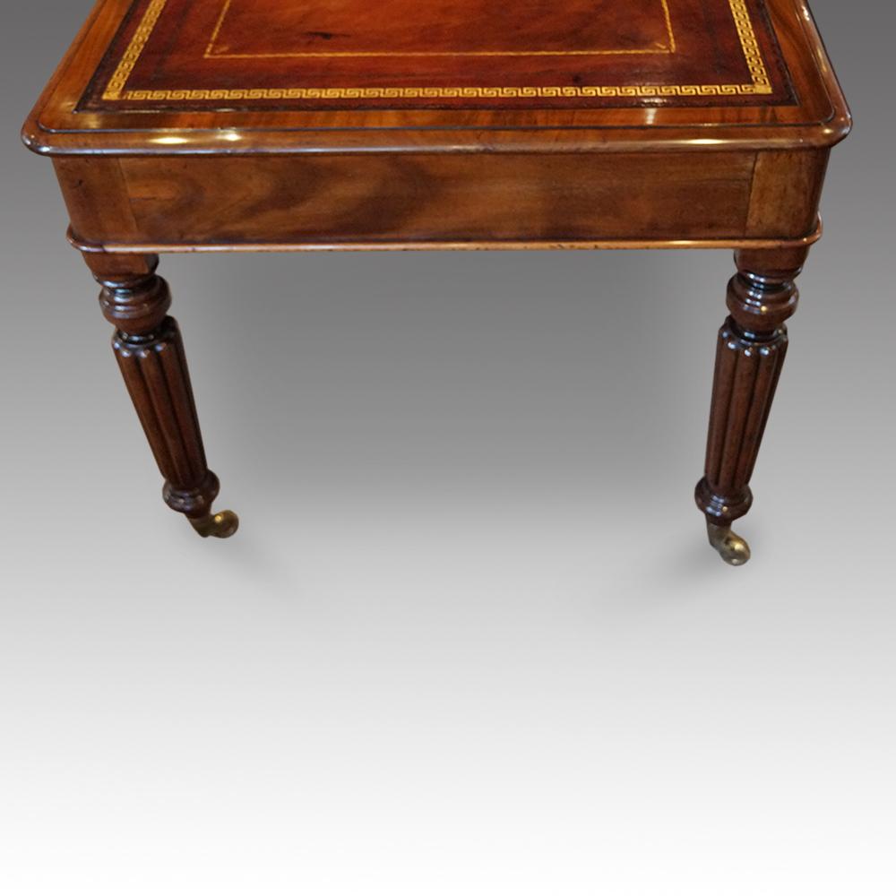 Victorian mahogany library table
This Victorian mahogany library table was made, circa 1865.
The cabinetmaker selected fine grade mahogany to use in the construction of this library writing table.
It has 3 drawers under the top each with finely
