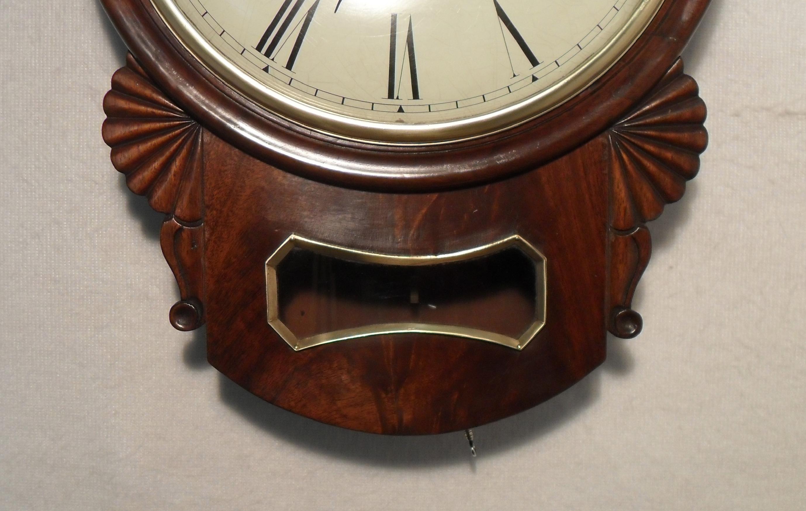 English Victorian Mahogany Drop Dial Wall Clock In Good Condition For Sale In Macclesfield, GB