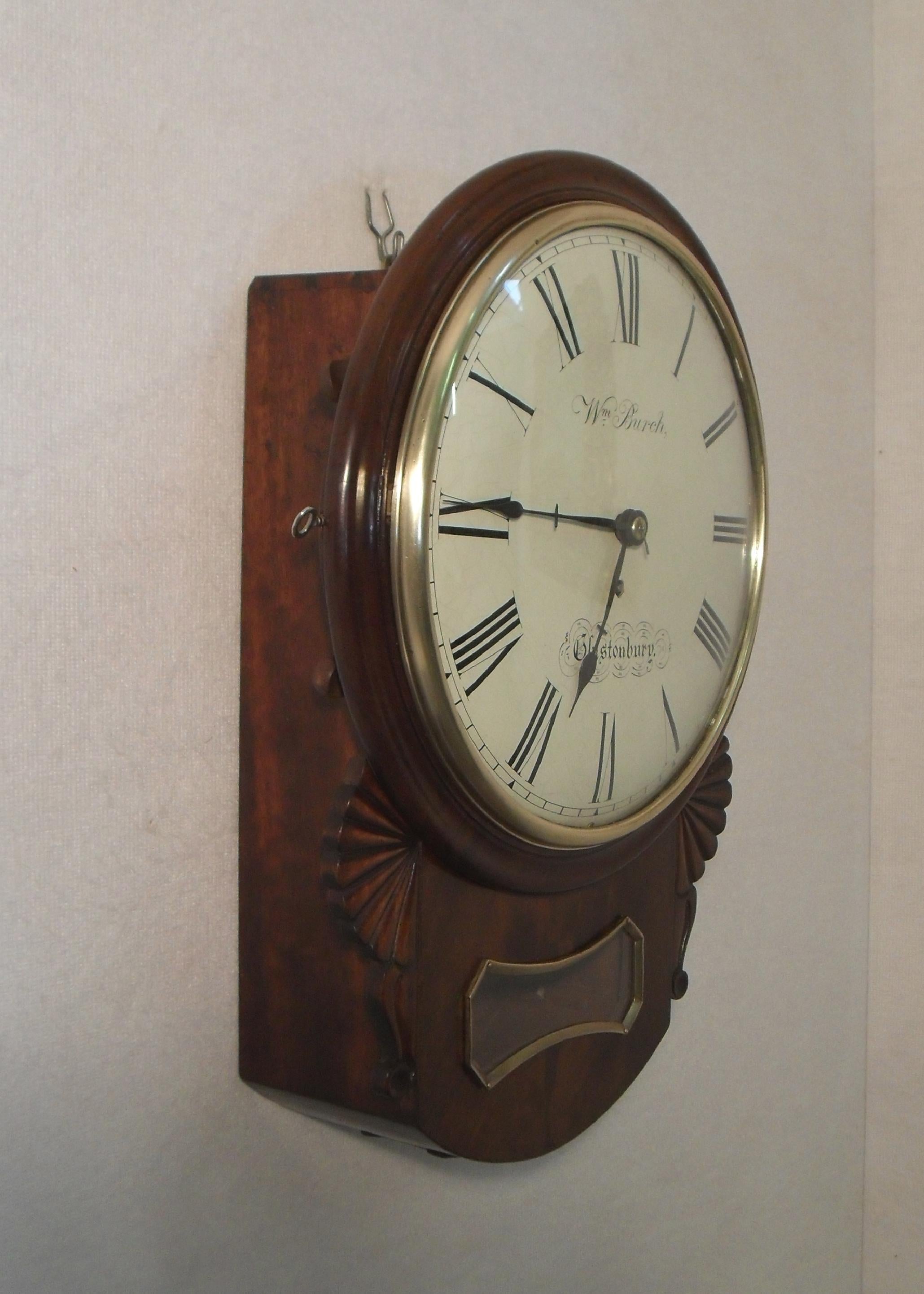 19th Century English Victorian Mahogany Drop Dial Wall Clock For Sale