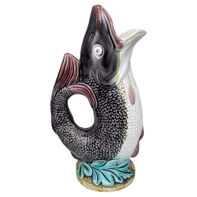 19th Century English Majolica Gurgling Fish Pitcher Jug For Sale at 1stDibs