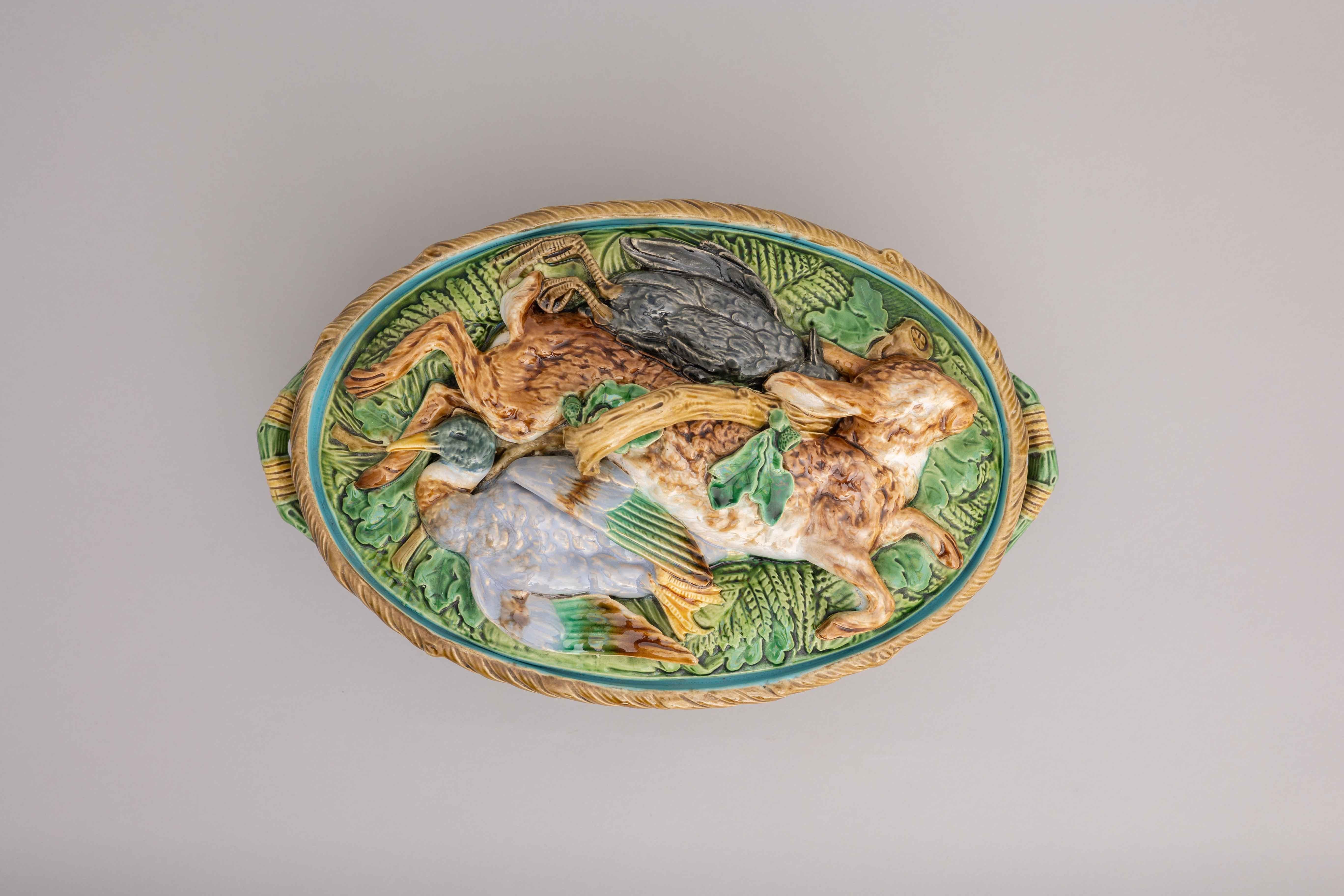 Glazed English Victorian Majolica Game Pie Dish Made by Minton & Co. For Sale