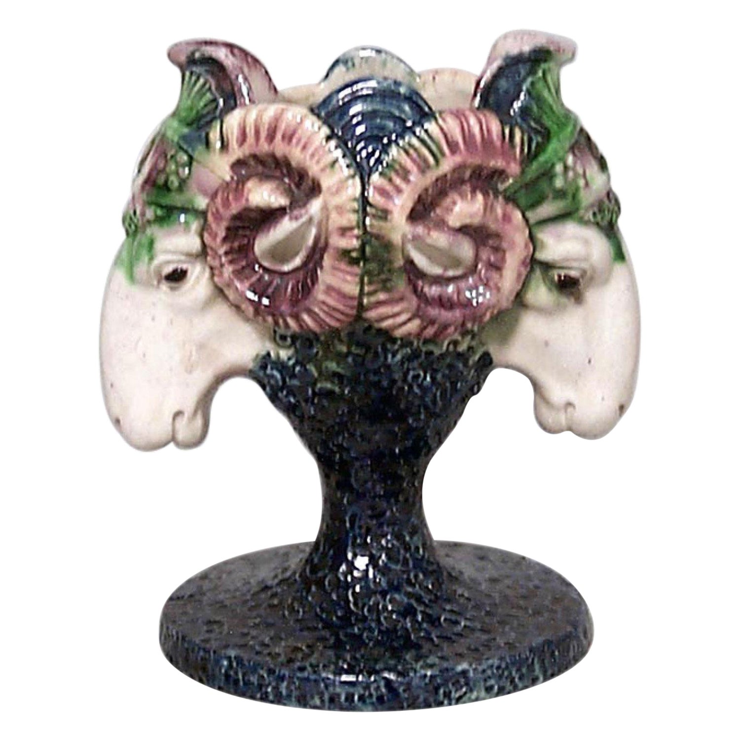 English Victorian Majolica Porcelain Ram Vase For Sale