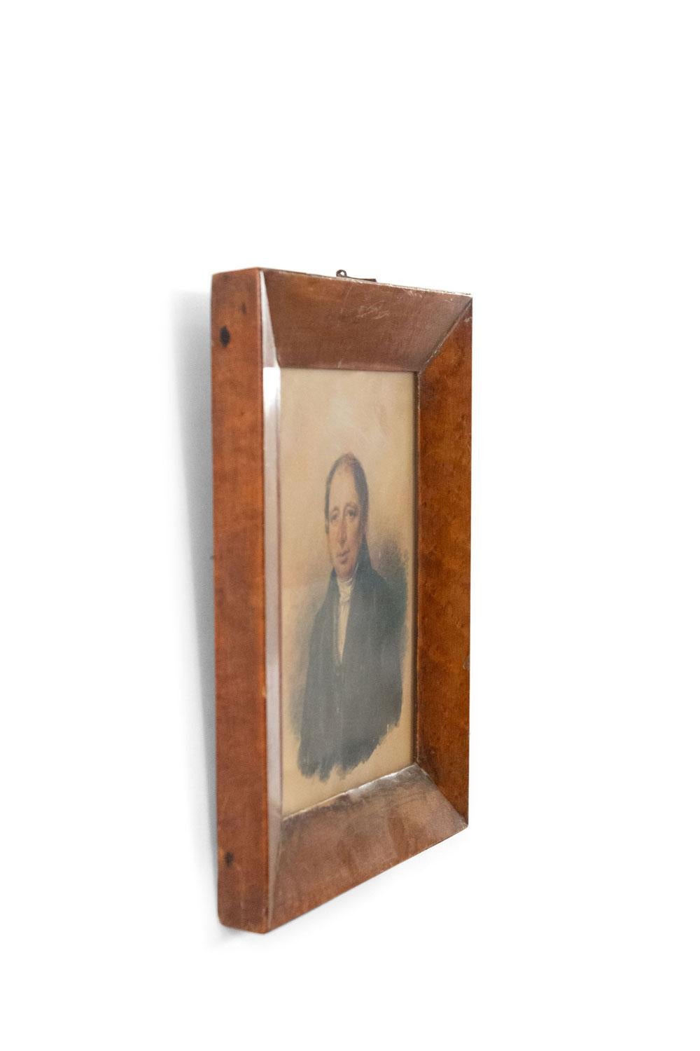 Portrait à l'aquarelle d'un homme du 19e siècle, encadré en érable, de style victorien anglais (Related Item : 054174A)