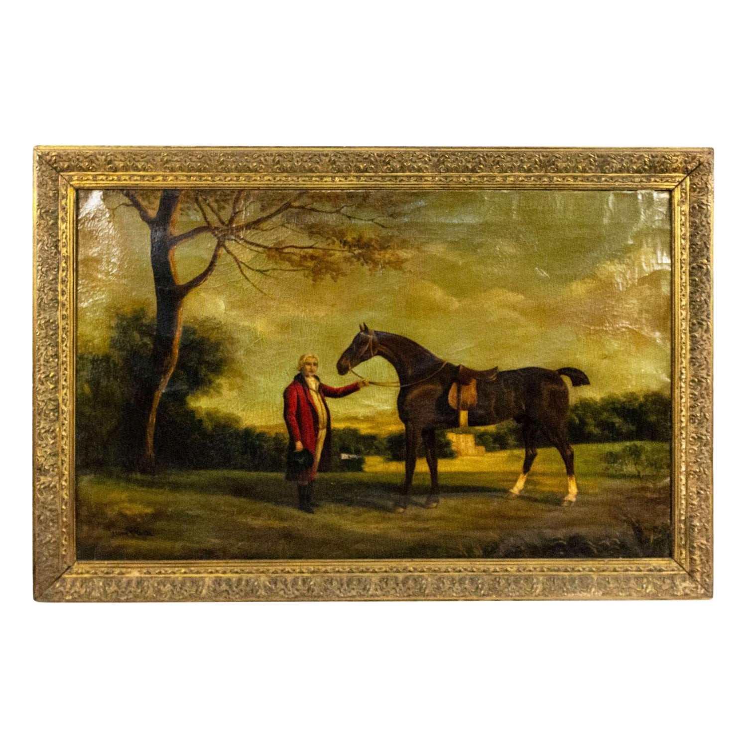 English Victorian Man and Horse Oil Painting in vendita