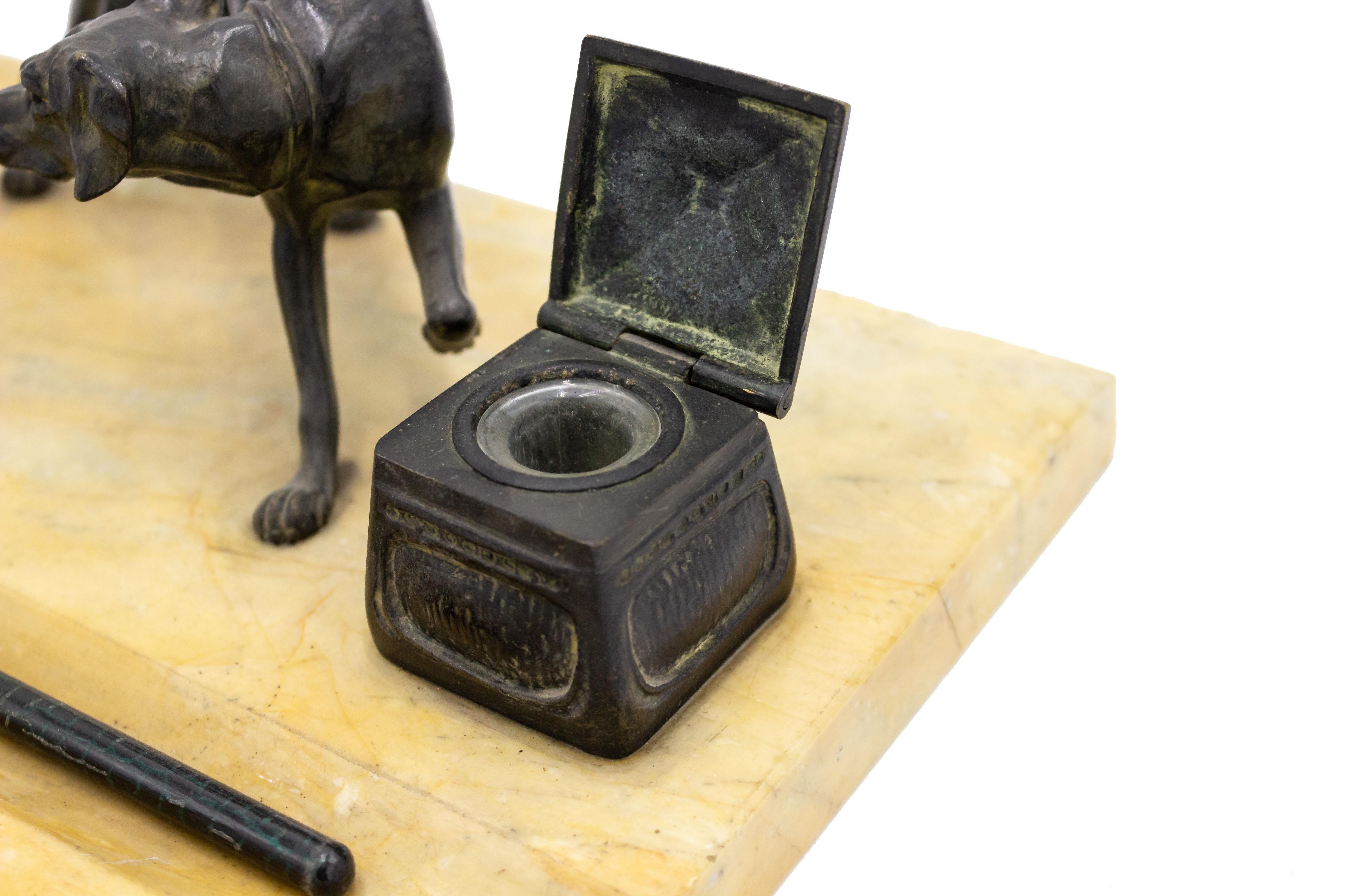 English Victorian yellow marble rectangular double inkwell with dog.
 