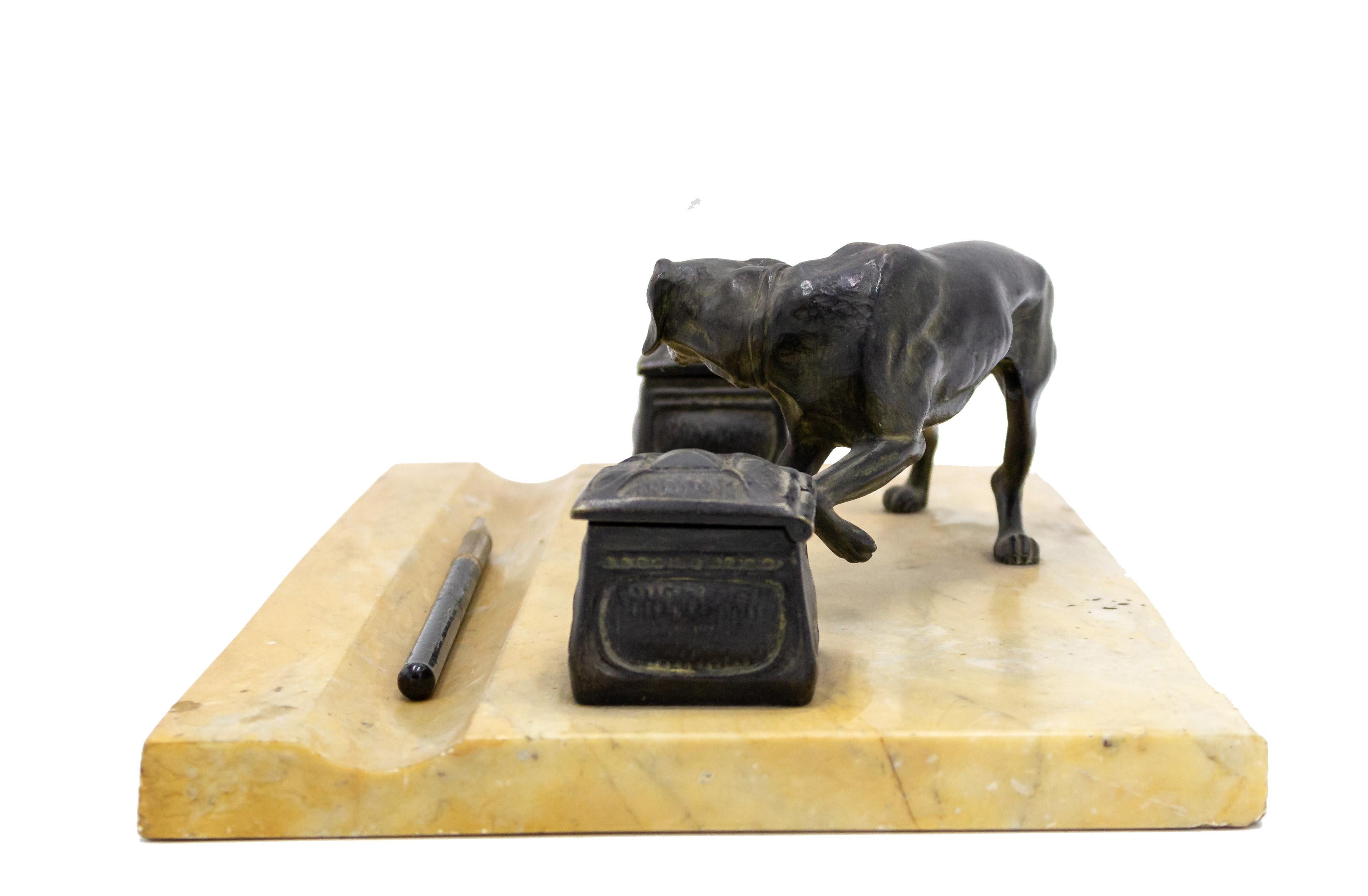 19th Century English Victorian Marble Double Inkwell with Dog For Sale