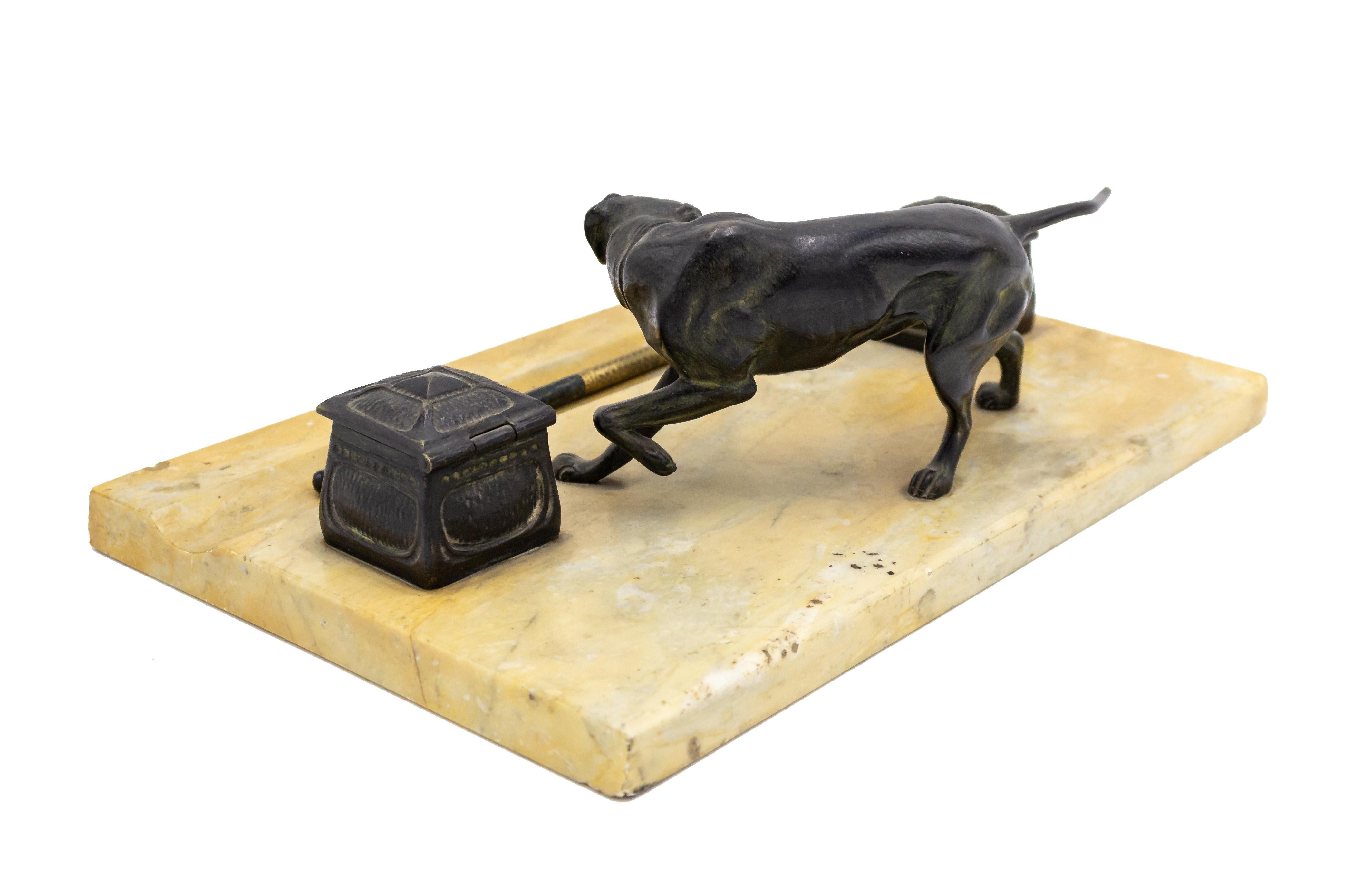 Stone English Victorian Marble Double Inkwell with Dog For Sale