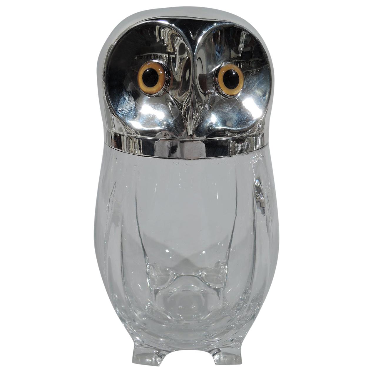 English Victorian Modern Sterling Silver and Glass Figural Owl Jar