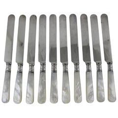 Antique English Victorian Mother of Pearl Handled Place Setting Table Knives, Set of Ten