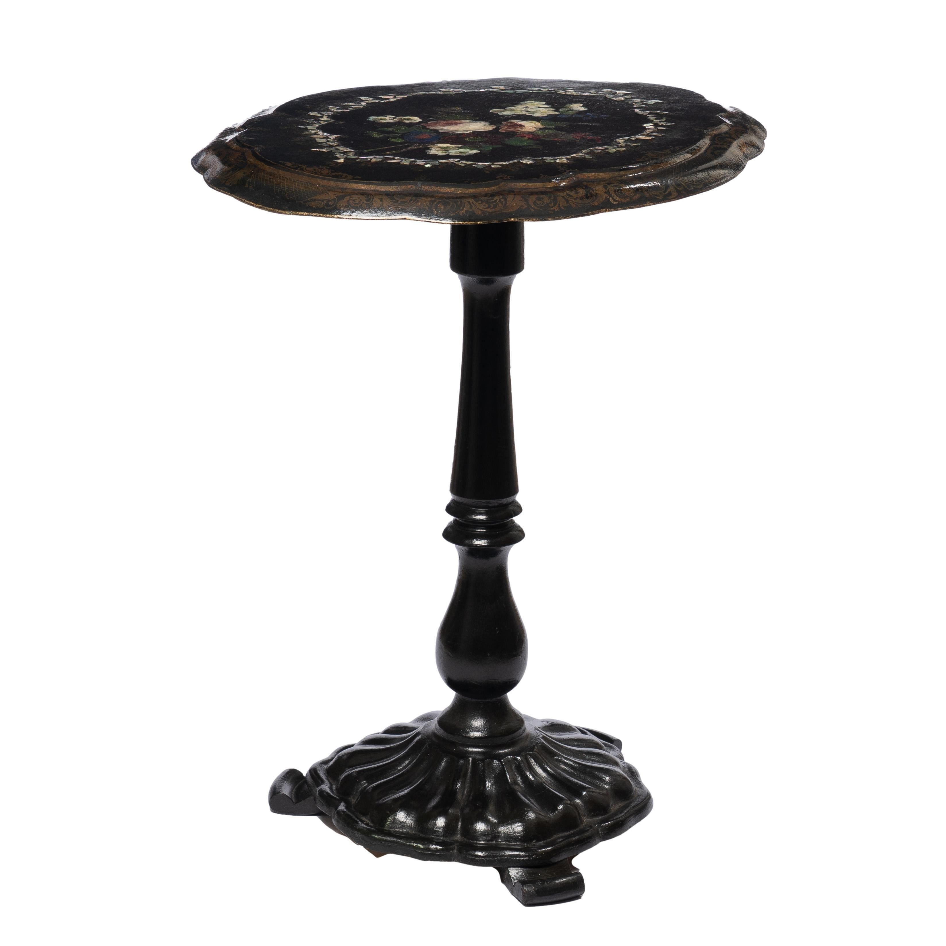 Mid-19th Century English Victorian Mother of Pearl & Painted Paper Mache Tilt Top Table, c. 1860 For Sale