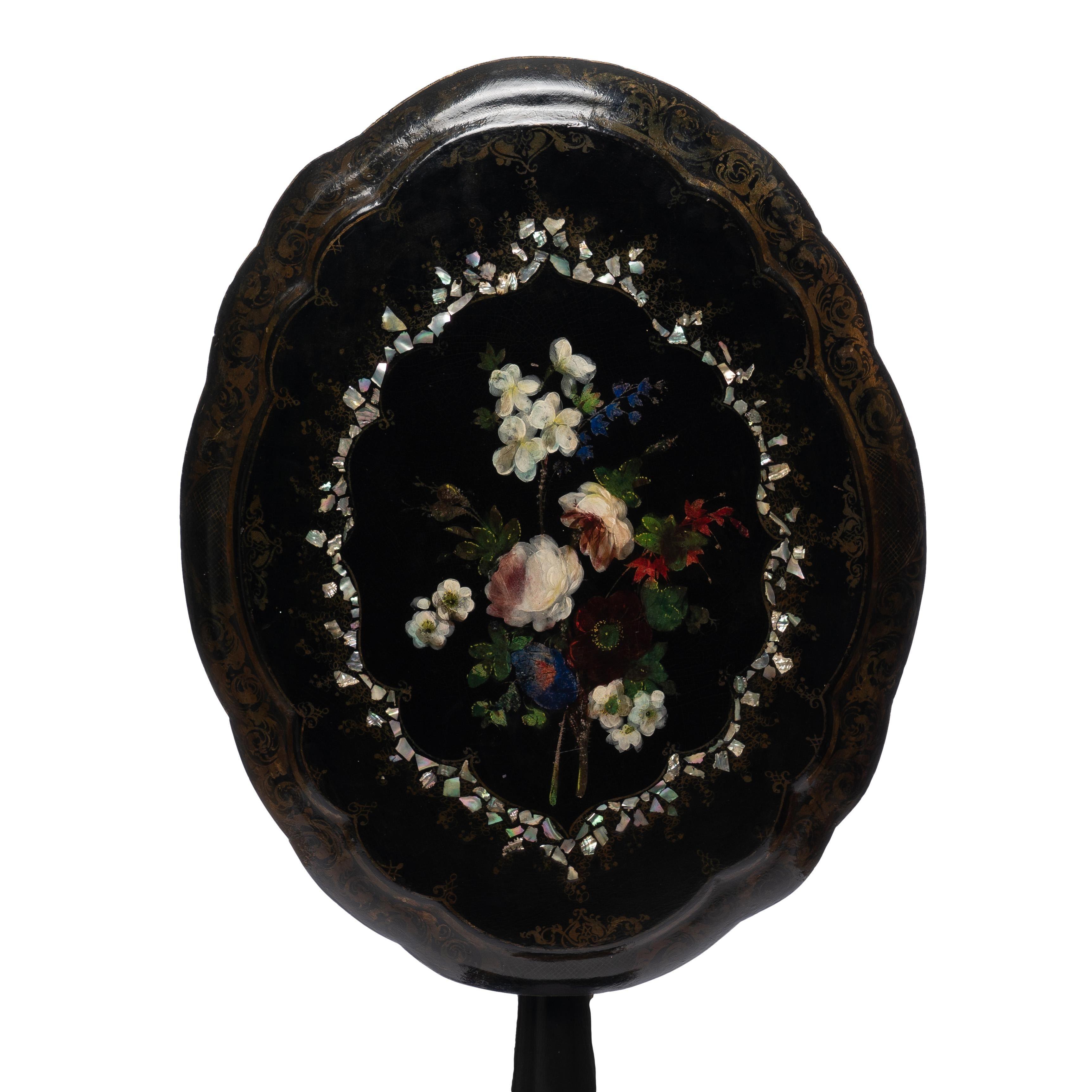 Mother-of-Pearl English Victorian Mother of Pearl & Painted Paper Mache Tilt Top Table, c. 1860 For Sale