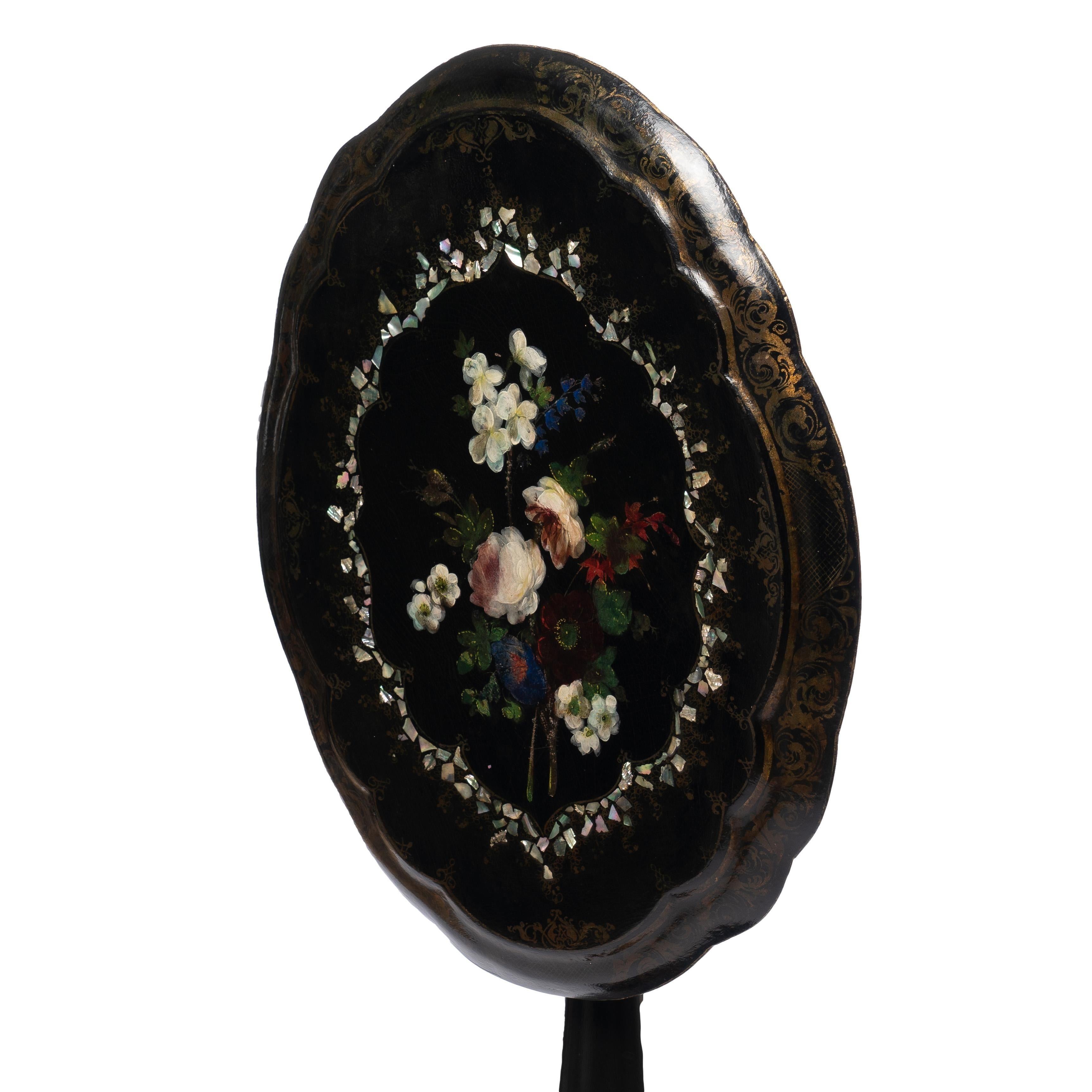 English Victorian Mother of Pearl & Painted Paper Mache Tilt Top Table, c. 1860 For Sale 1