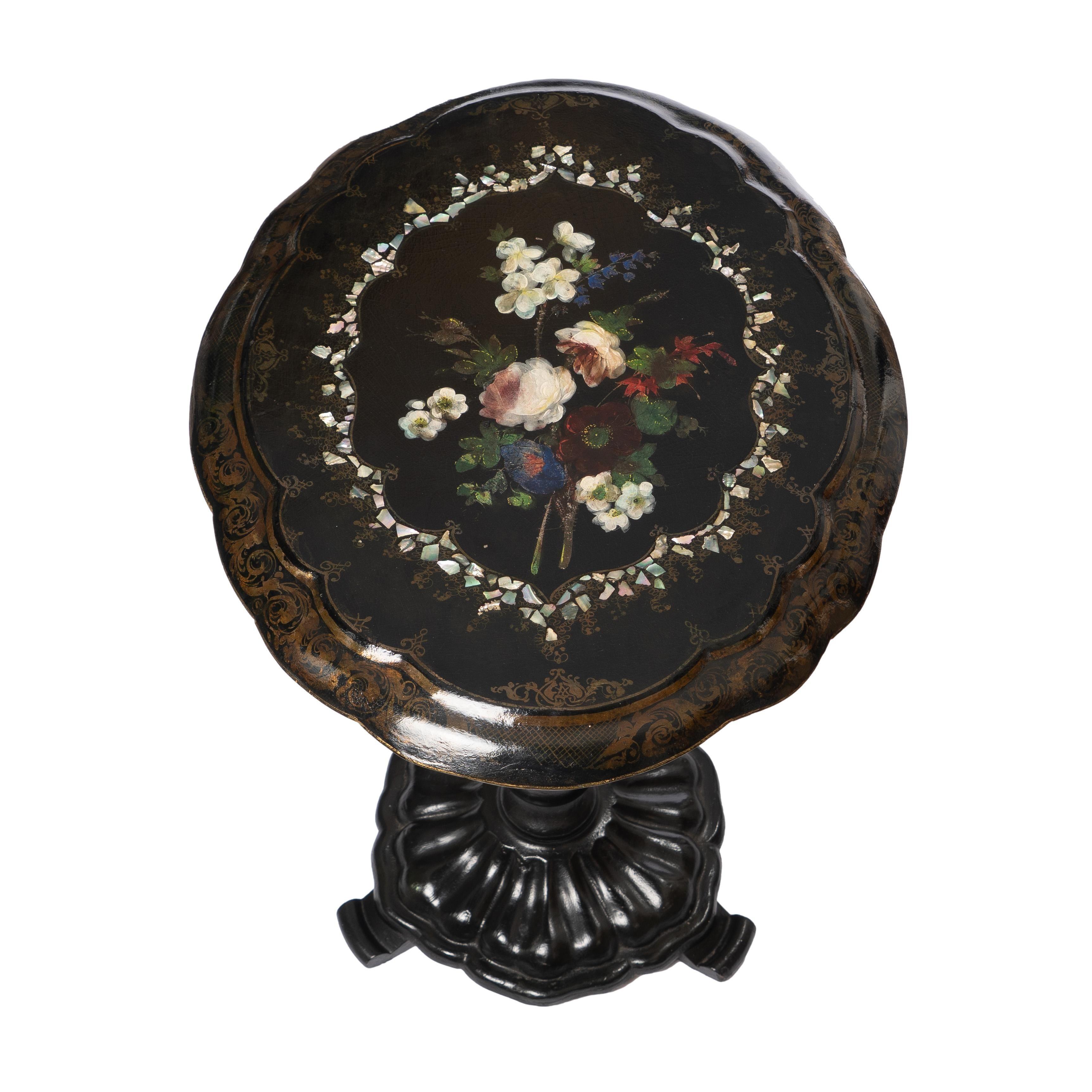 English Victorian Mother of Pearl & Painted Paper Mache Tilt Top Table, c. 1860 For Sale 2
