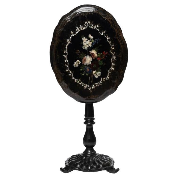 English Victorian Mother of Pearl Inlaid and Painted Papier Maché Tilt Top Table