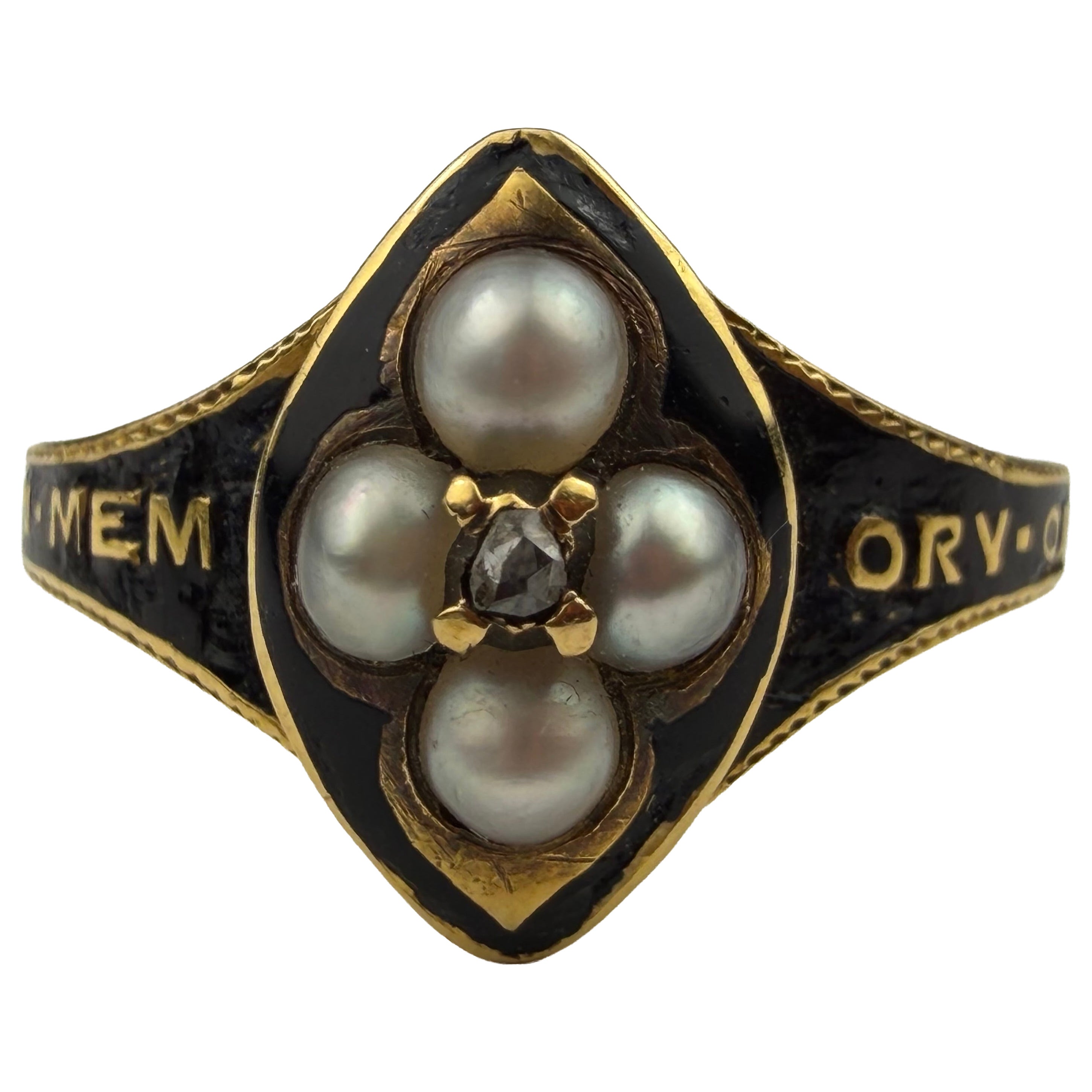 English Victorian Mourning Ring with Seed Pearls 
Rose Cut Diamond For Sale