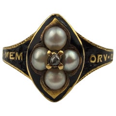 English Victorian Mourning Ring with Seed Pearls & Rose Cut Diamond