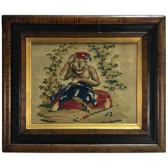 English Victorian Needlework of a Monkey Wearing a Fez