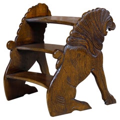 English Victorian Oak 19th Century Bed Steps with Carved Roaring Lions