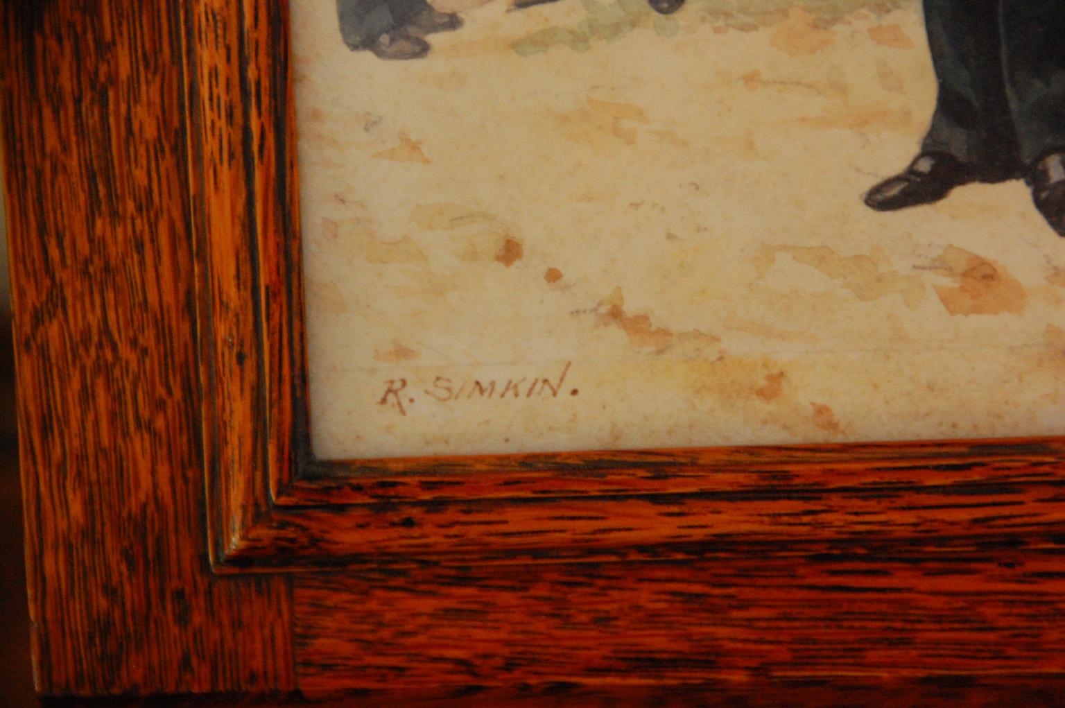 English Victorian Oak Deskbox with Original Watercolor Portraits by R. Simkin For Sale 1
