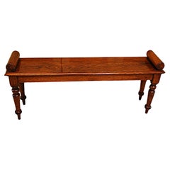 Used English Victorian Oak Hall Bench Four Feet Long with Turned Legs, Roll Ends