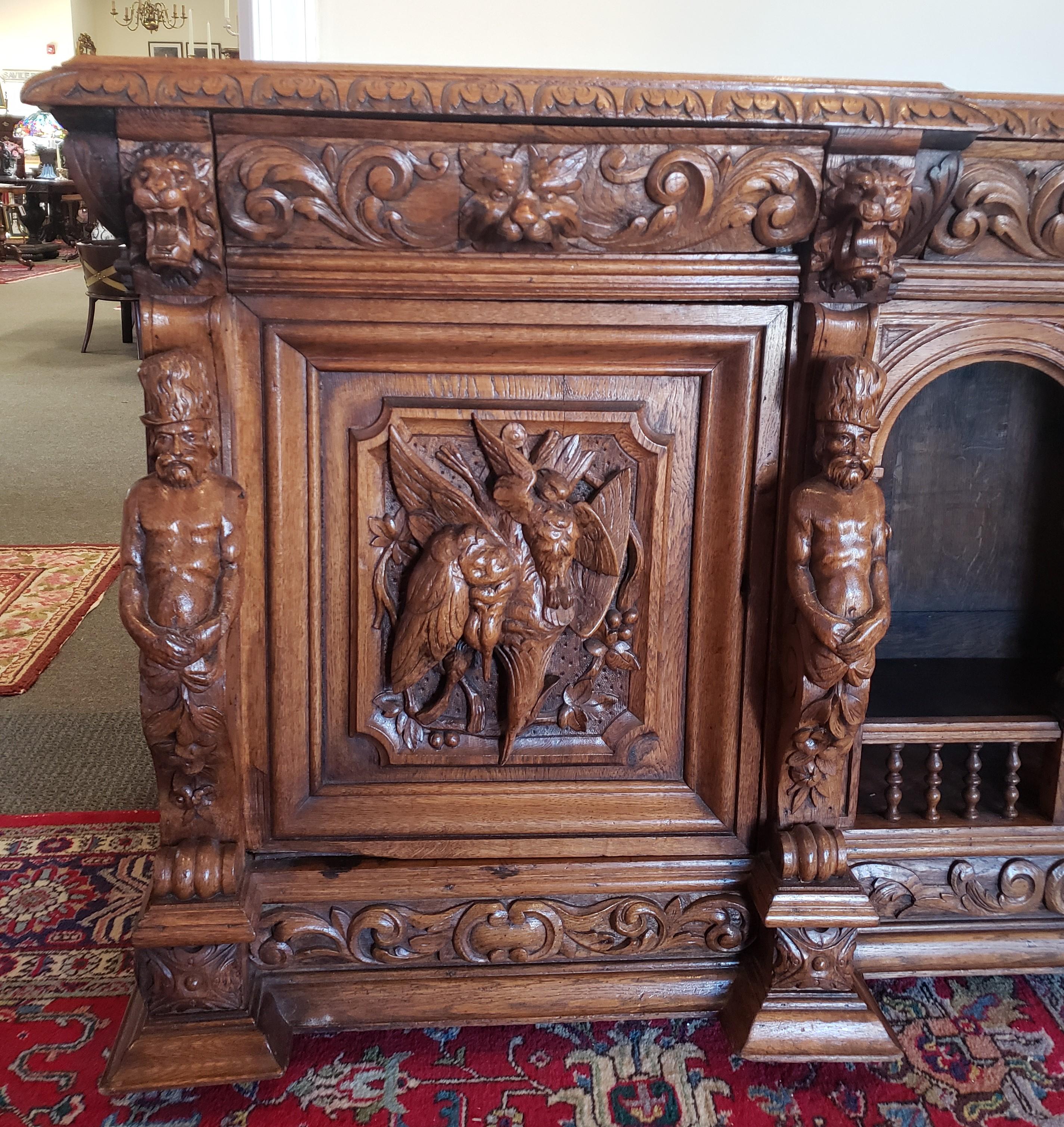 19th Century English Victorian Oak Jacobean Style Credenza For Sale