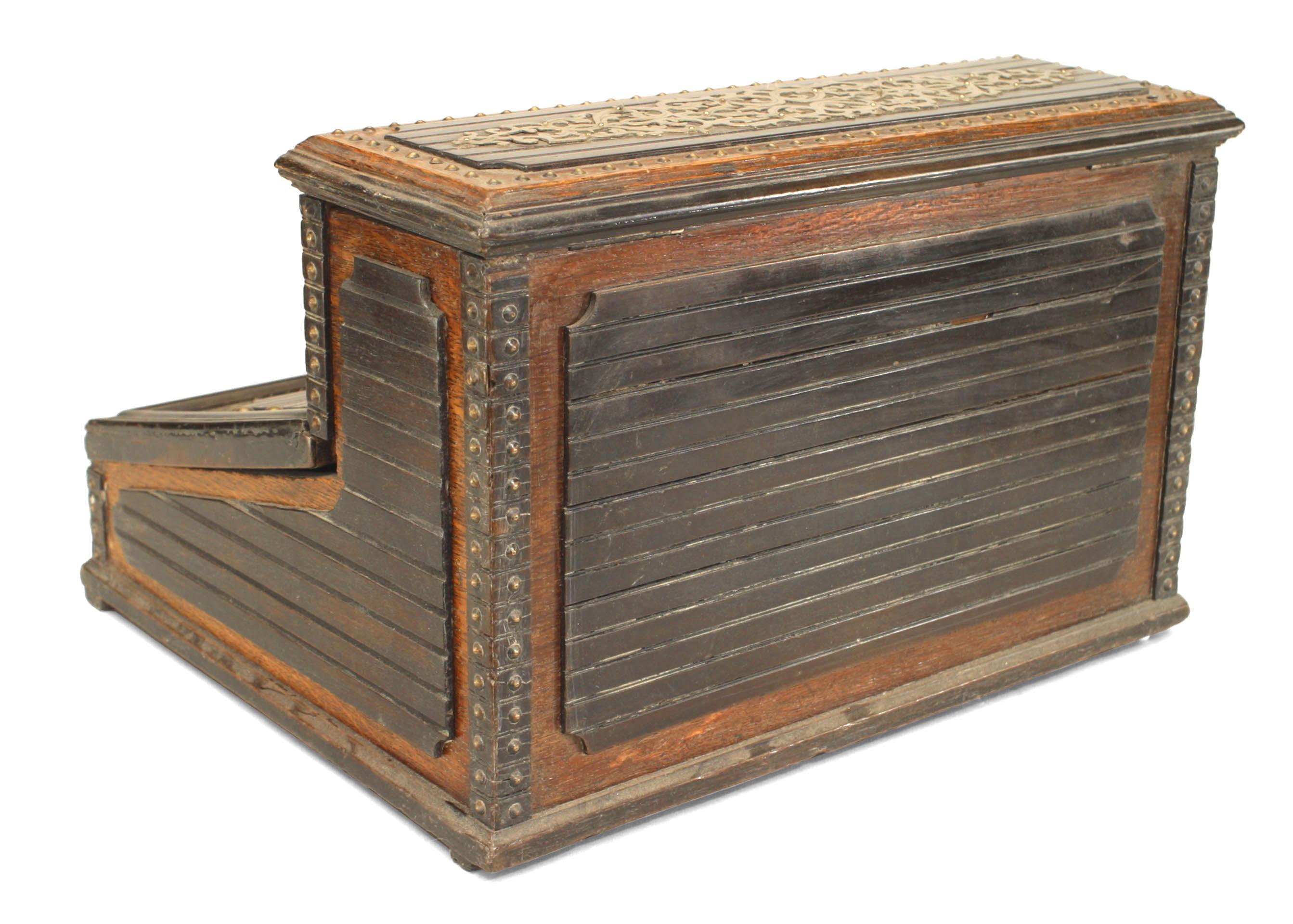 English Victorian oak and walnut trim lap desk box with nail head and brass filigree design.
 