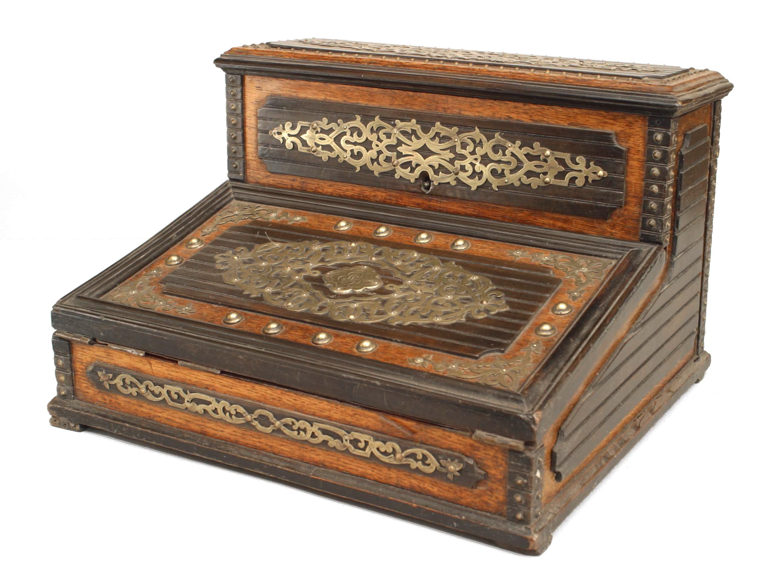Brass English Victorian Oak Lap Desk Box For Sale