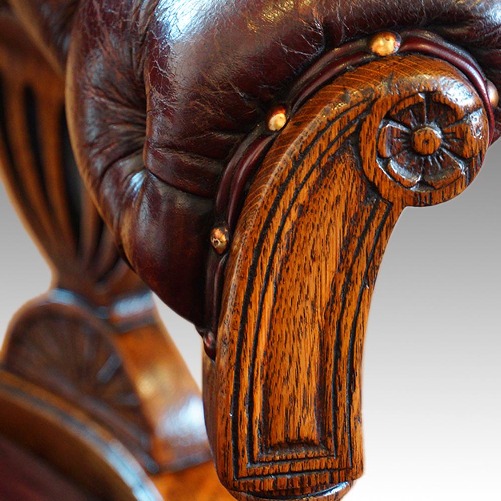 Victorian oak swivel desk chair
This Victorian oak swivel desk chair was made, circa 1880.
The desk chair is very generous in its size with a tub shaped back with deep buttoned leather arms and a deep padded leather seat.
We have upholstered this