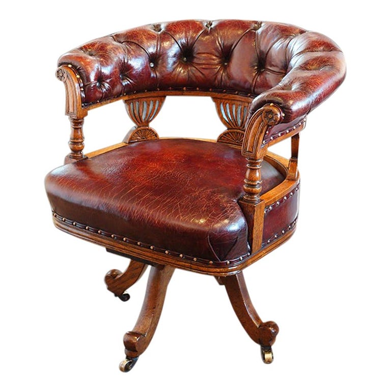 English Victorian Oak Leather Deep Buttoned Swivel Desk Office Chair