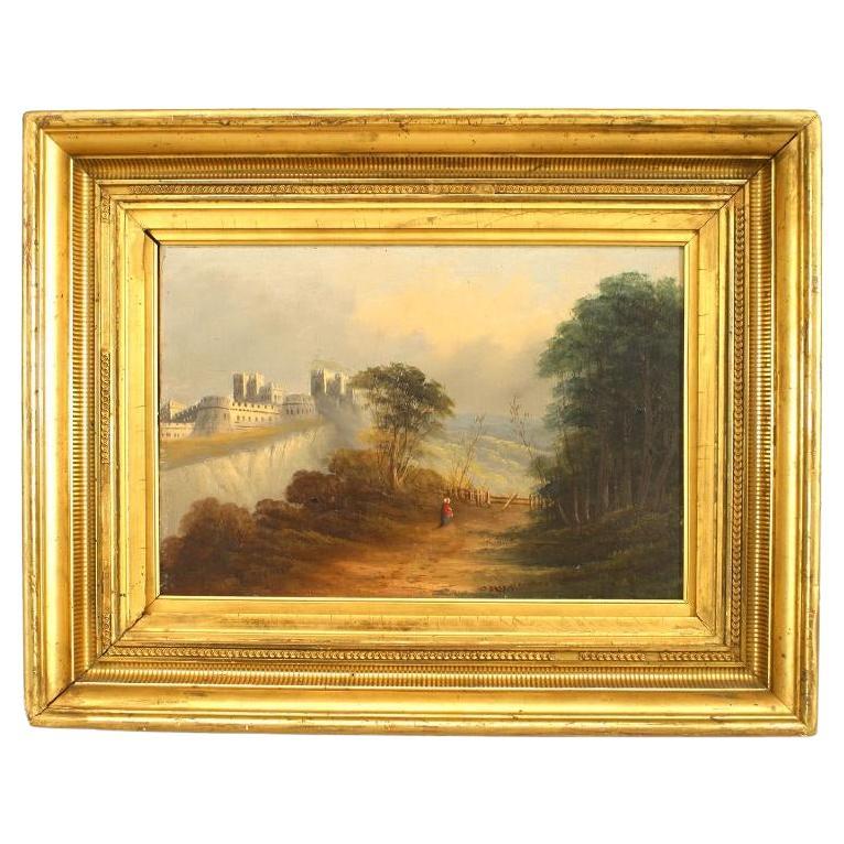 English Victorian Oil Painting Castle Landscape For Sale