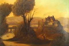English Victorian Oil Painting of Lady by a Stream