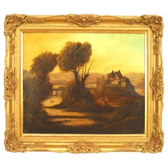 English Victorian Oil Painting of Lady by a Stream