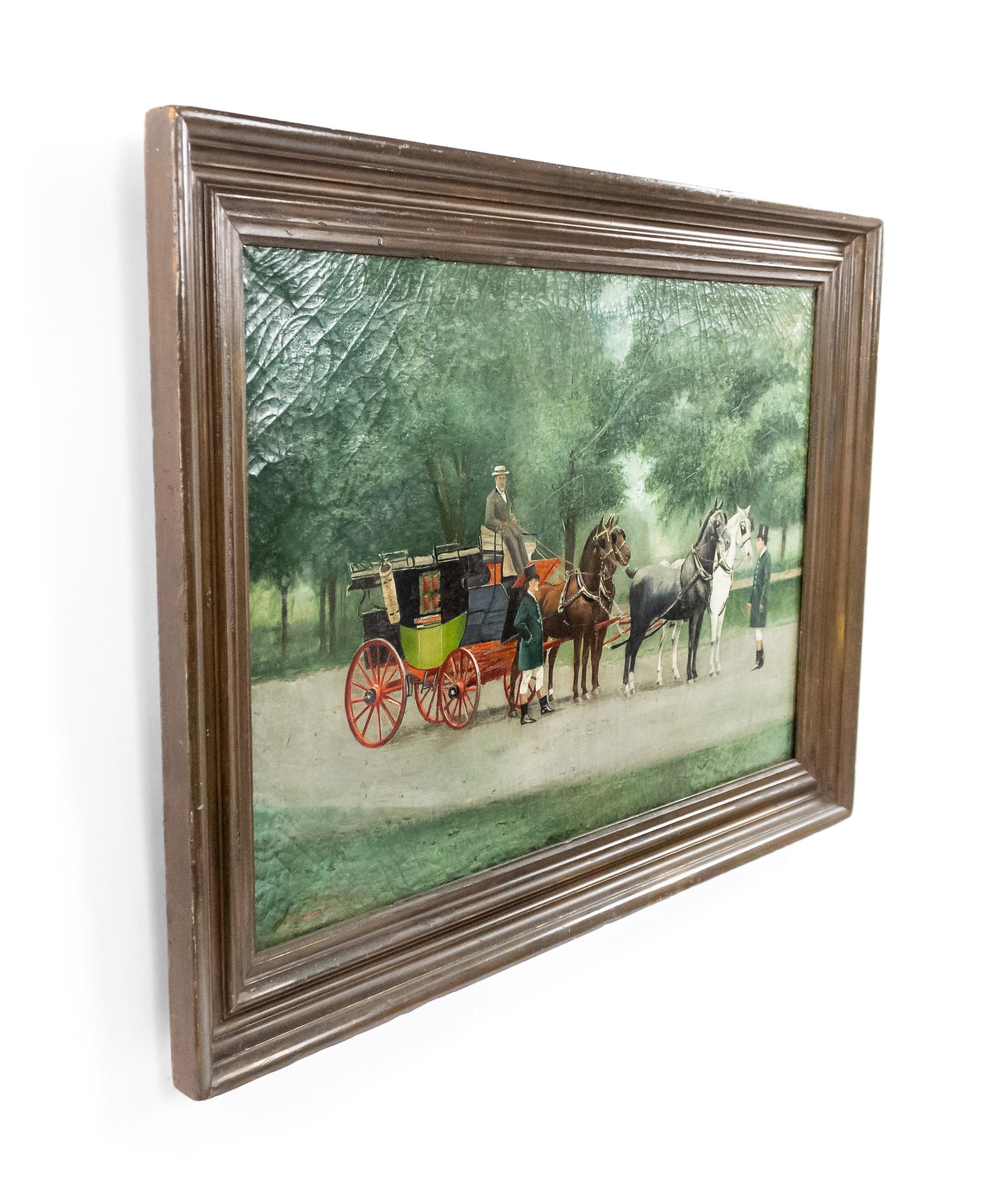English Victorian gilt framed oil painting of stage coach with 4 horses (illegible signature of artist).