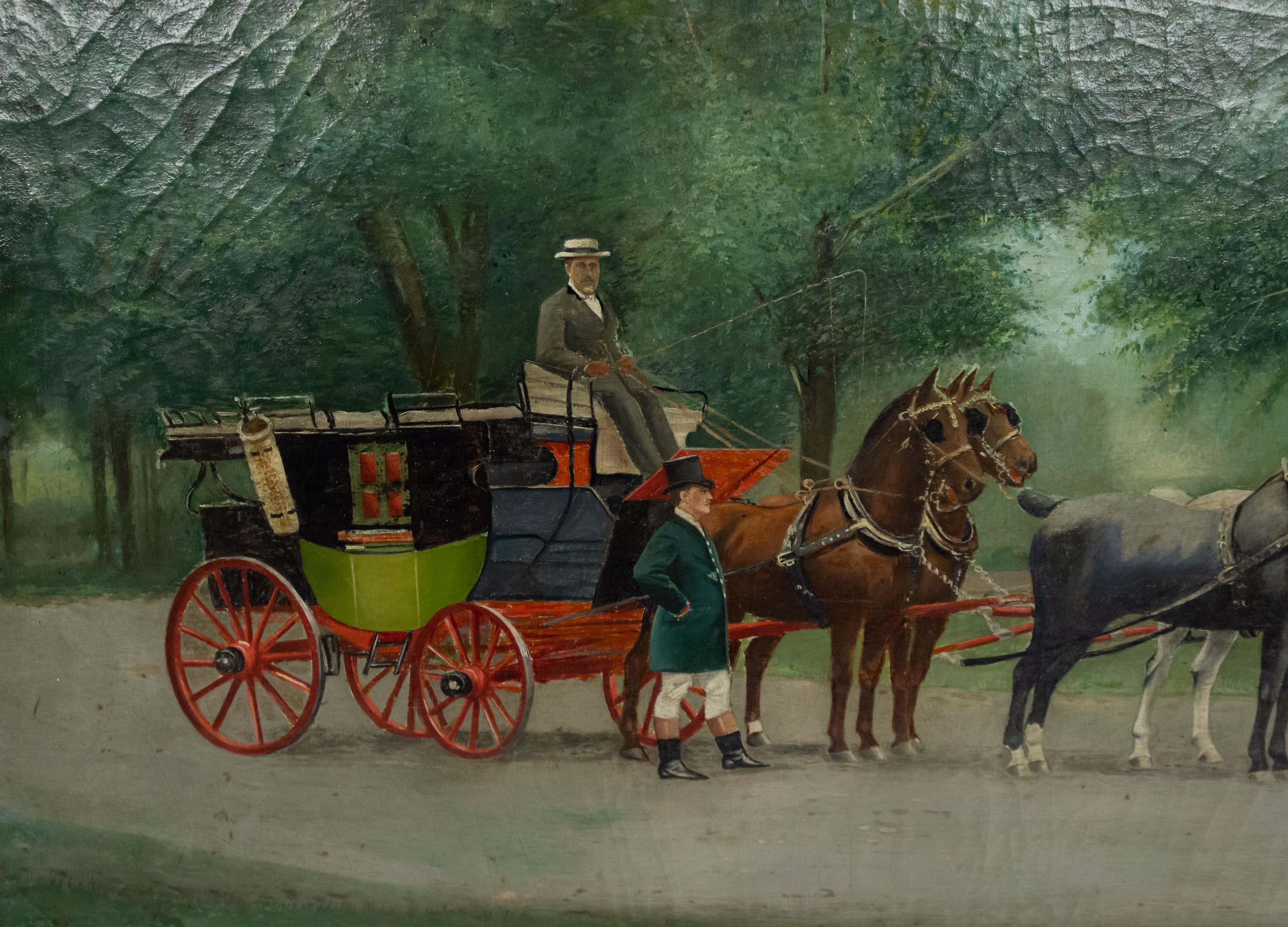 Painted English Victorian Oil Painting of Stage Coach For Sale