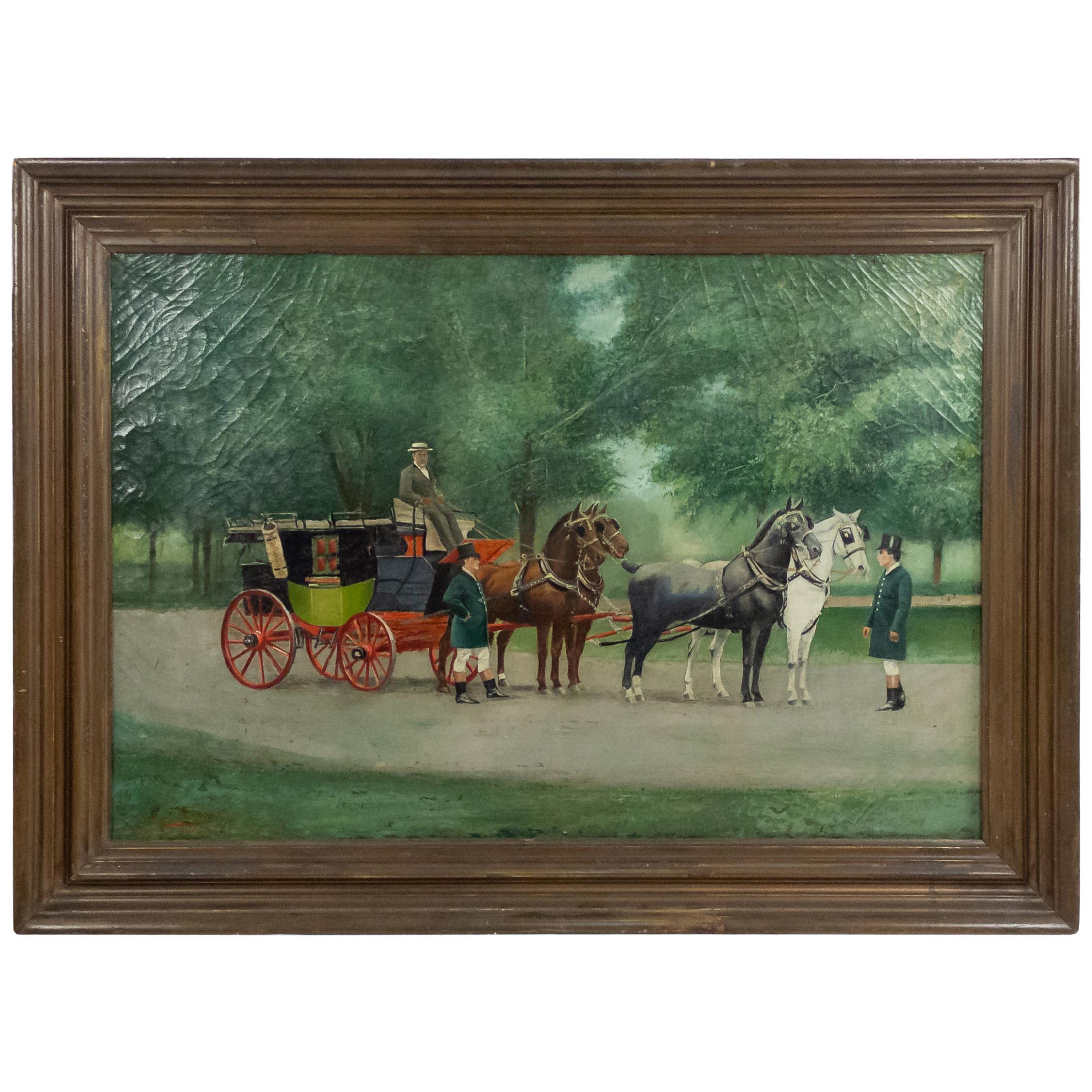 English Victorian Oil Painting of Stage Coach For Sale