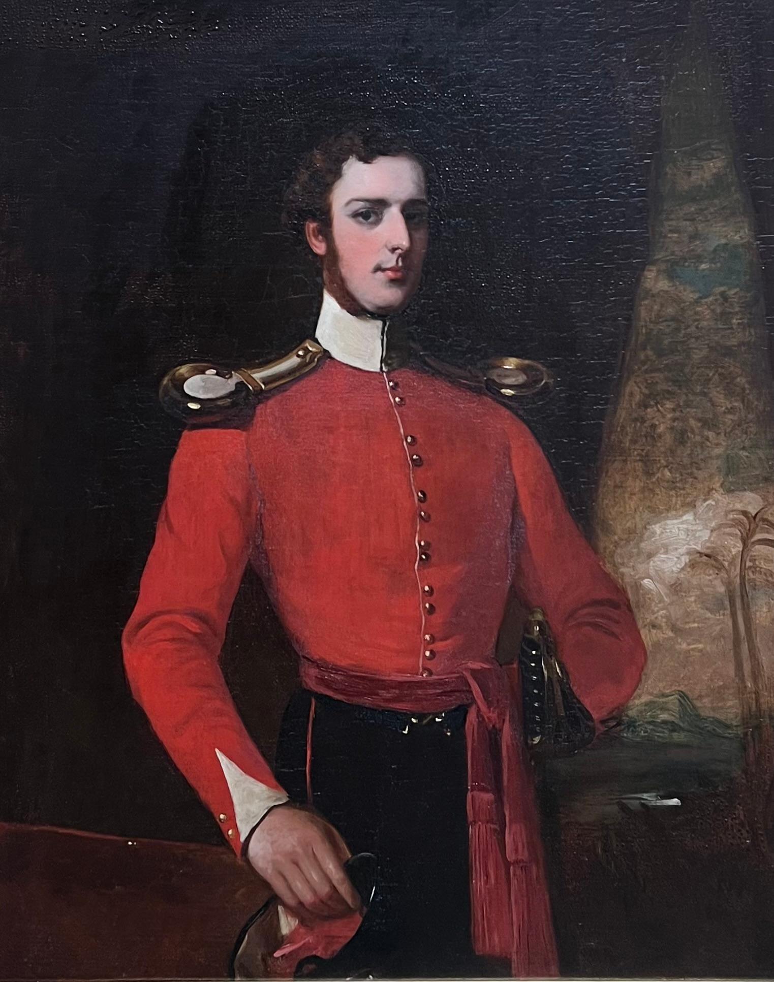 1850 Retrato de oficial británico con uniforme militar rojo Pintura al óleo antigua - Painting de English Victorian Oil 
