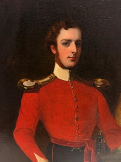 1850's Portrait of British Officer in Red Military Uniform Antique Oil Painting